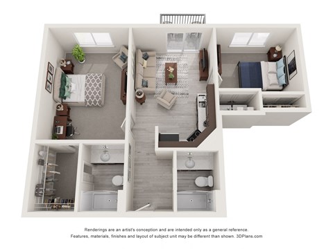 Floor plan for 2 beds, 2 baths, 850 sqft